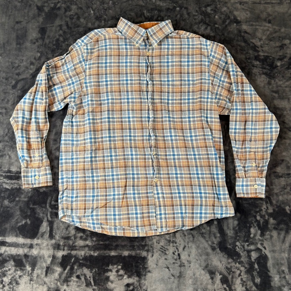 Turnbury Button Down Shirt Mens Large Blue  Plaid Lustrous Cotton Long Sleeve